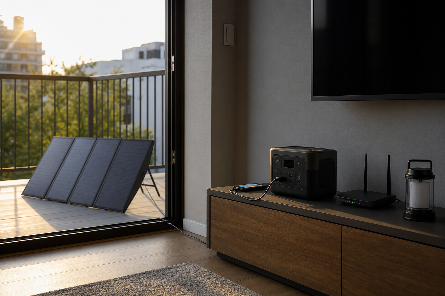Portable power station, small solar panel, lantern, router, and phone in a modern apartment