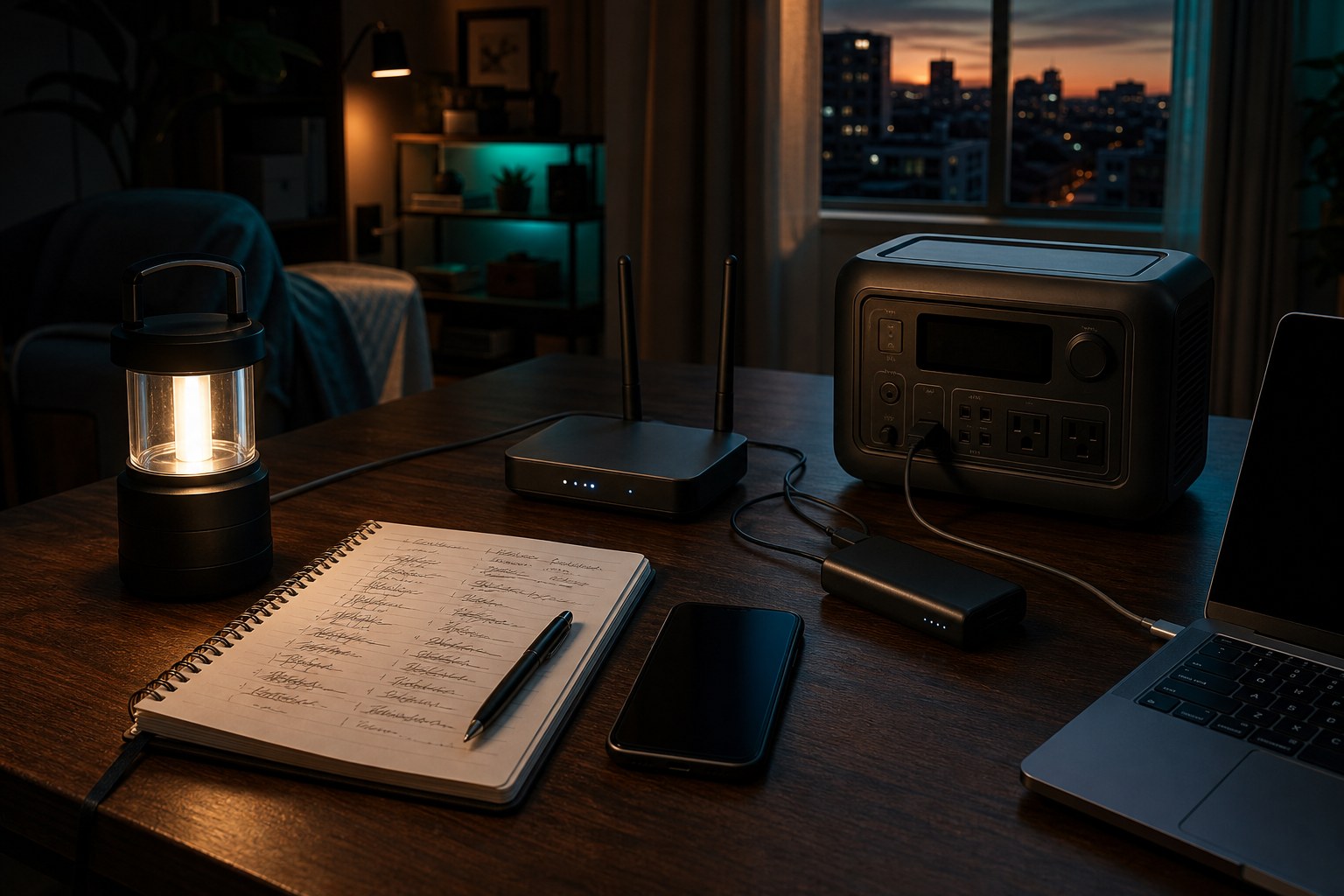 Apartment backup power planning setup with notebook, phone, lantern, router, and power station
