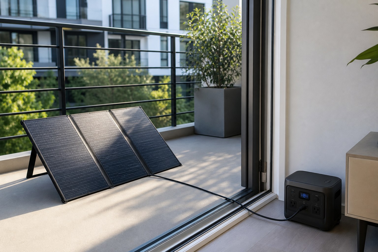 Portable folding solar panel safely placed on an apartment balcony