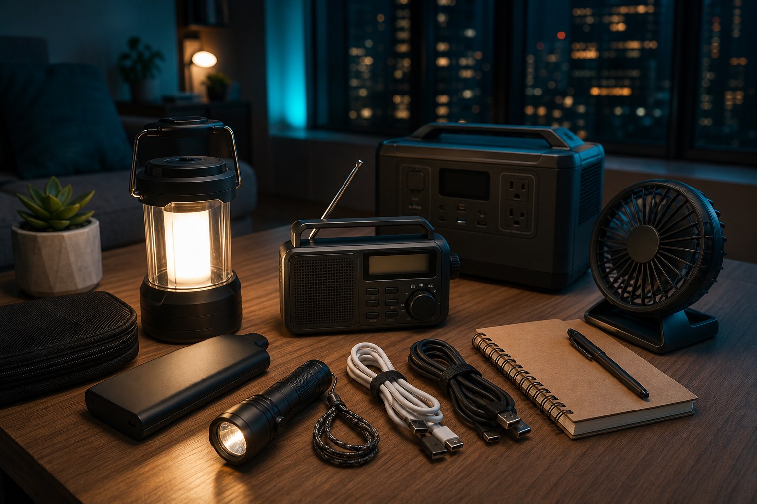Apartment blackout kit with lantern, radio, fan, cables, and power bank