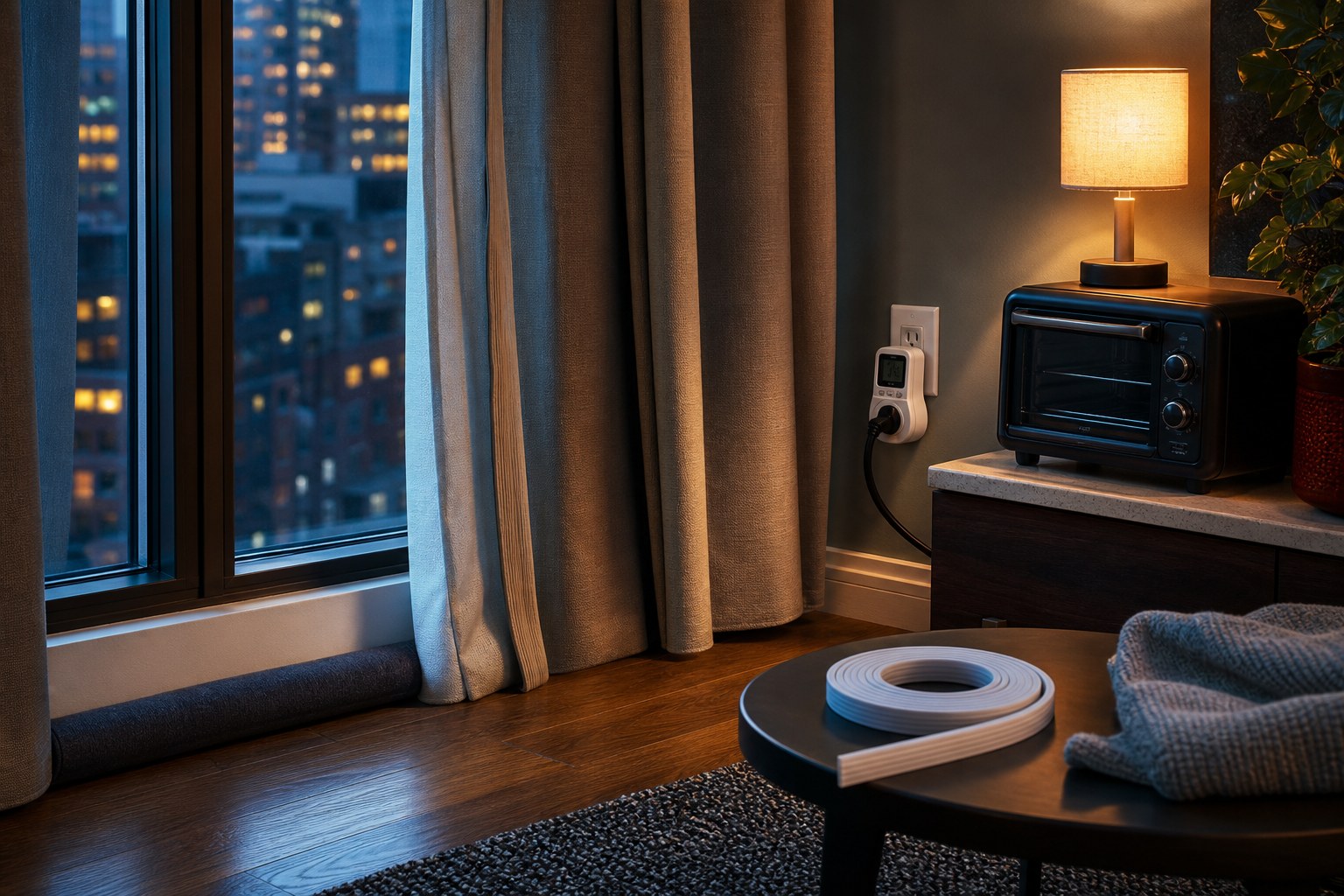Renter-friendly energy savings setup with curtains, smart plug, and plug-in power meter