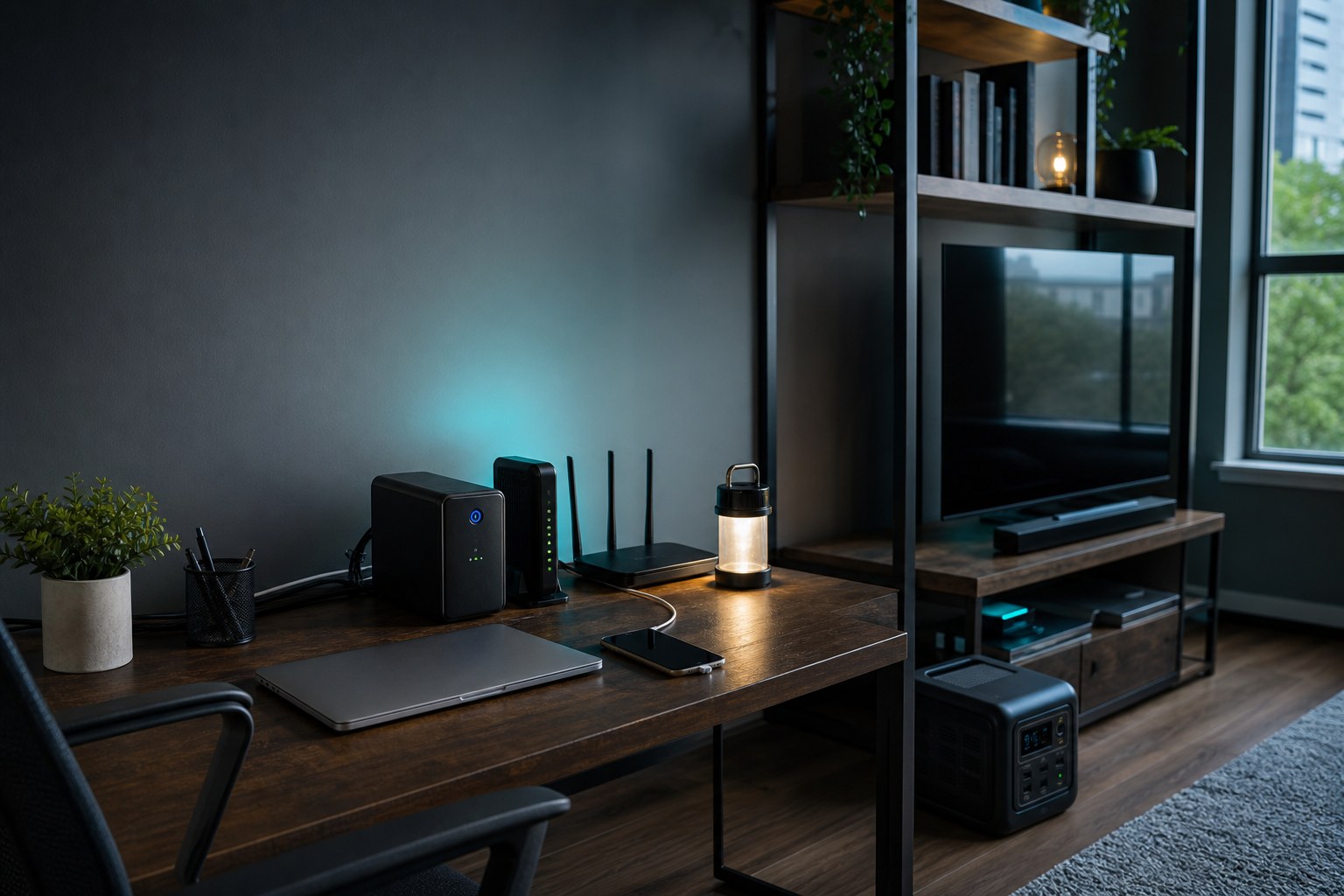 Modern apartment desk with router, portable power station, LED lantern, and backup-power gear