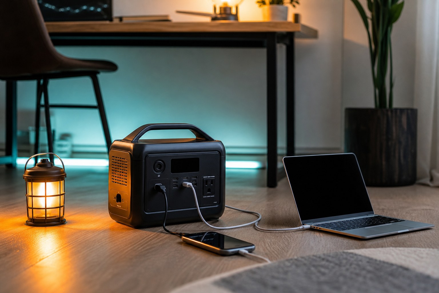 Portable power station charging a phone and laptop in an apartment