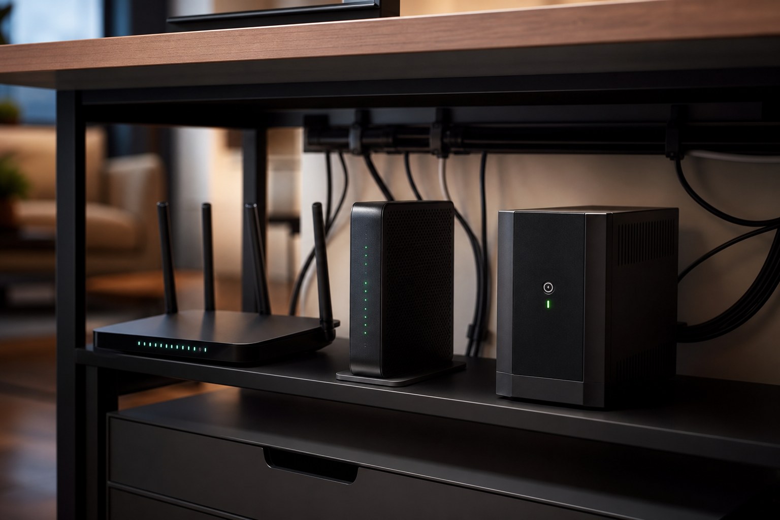 Router, modem, and compact UPS arranged on a modern apartment shelf