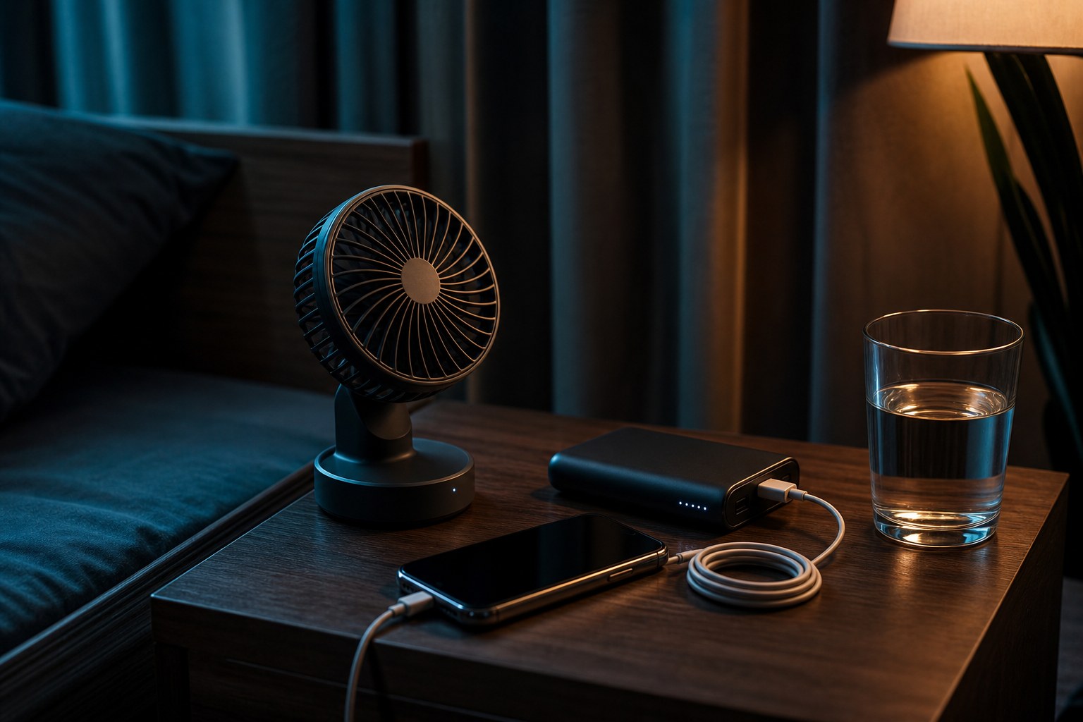 Small rechargeable fan beside a phone, charging cable, and water glass